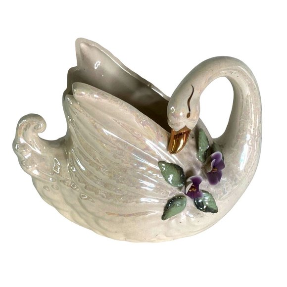 Lusterware Swan Planter Vase Figurine Iridescent Opalescent 8.5" x 7" - Picture 1 of 10